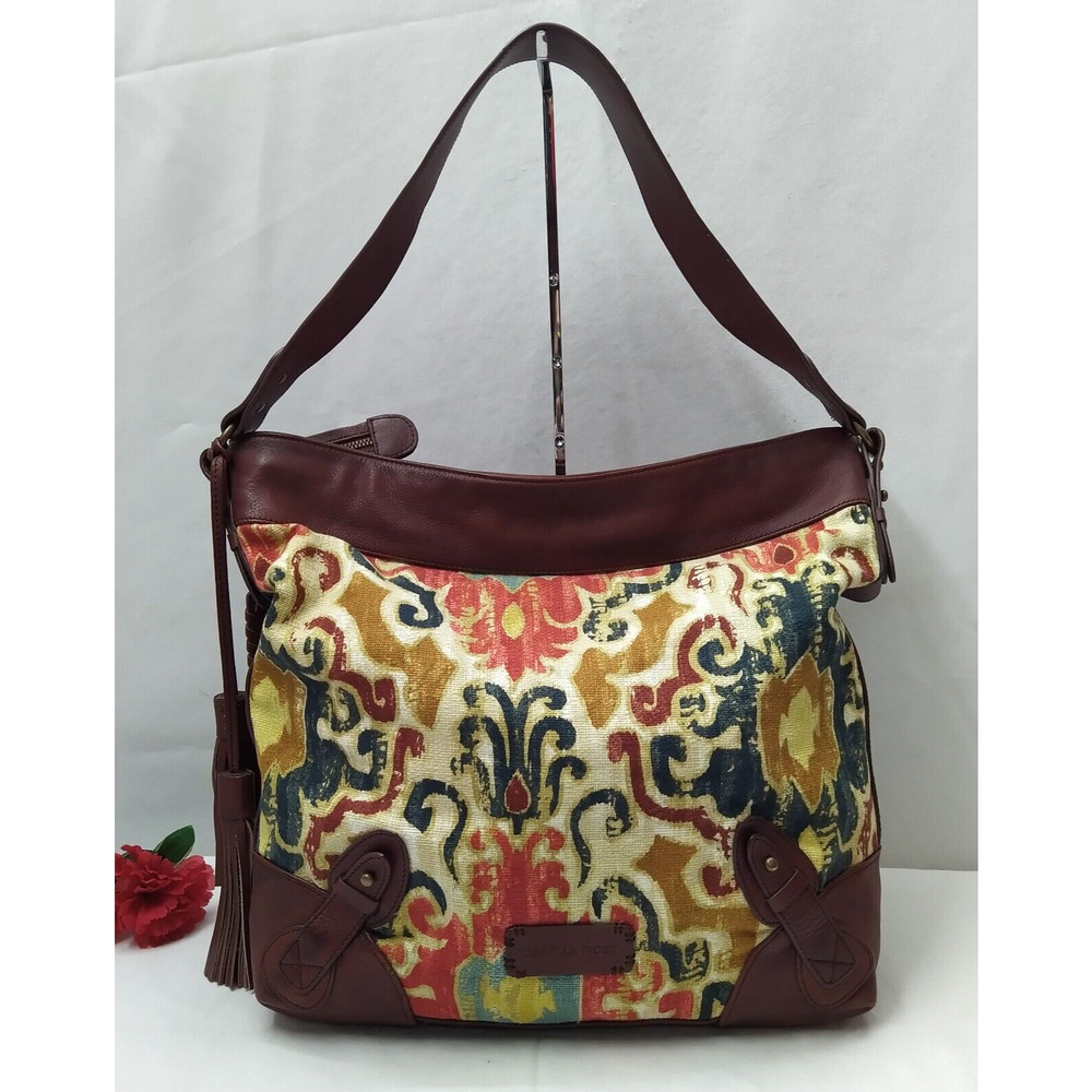 Isabella Fiore Multicolor Canvas Leather Trim Floral Hobo Shoulder Bag
